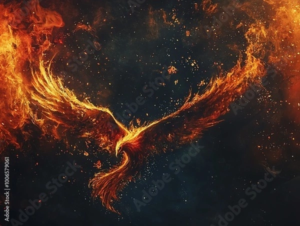 Fototapeta A stunning image of flames swirling together to form the shape of a phoenix rising from the ashes, with vibrant oranges and reds illuminating the darkness