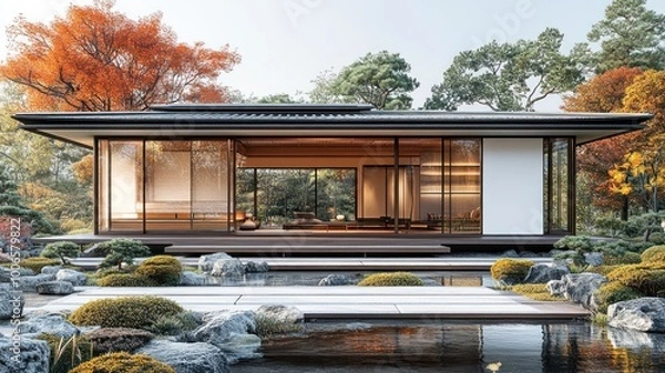 Obraz Modern Japanese house surrounded by a tranquil garden in autumn.