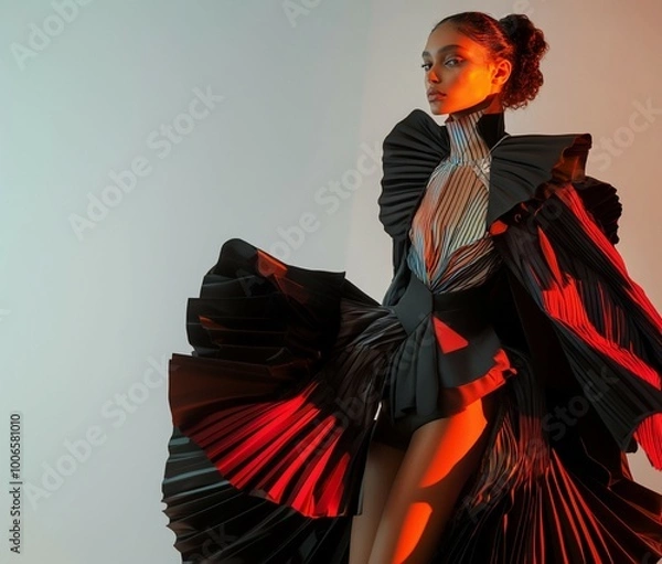 Obraz Avant-Garde Fashion: Striking Model in Dramatic Pleated Outfit