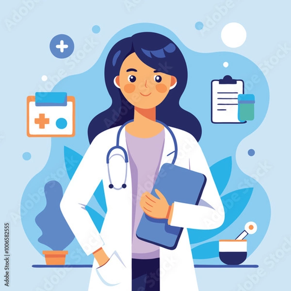 Obraz A Female Doctor Standing Confidently, Holding a Clipboard, With Medical Equipment in the Background. Doctor Vector art Illustraion 