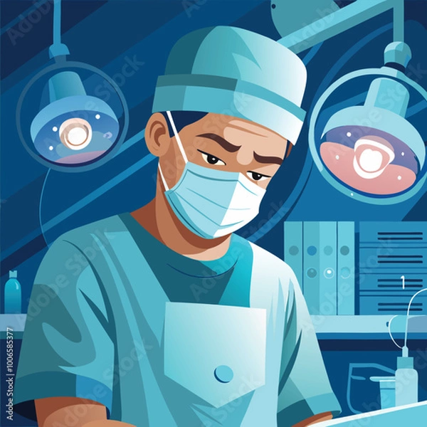 Obraz A Surgeon in Scrubs, Wearing a Mask and Gloves, Performing Surgery in a Brightly Lit Operating Room. Vector art Illustraion 