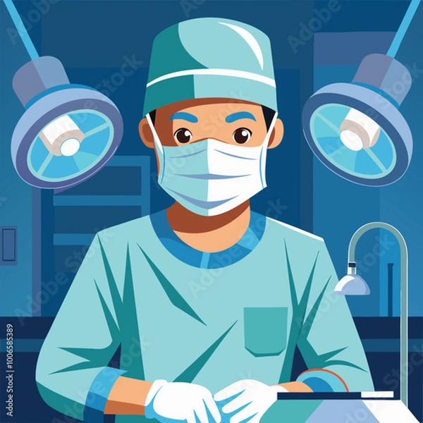 Obraz A Surgeon in Scrubs, Wearing a Mask and Gloves, Performing Surgery in a Brightly Lit Operating Room. Vector art Illustraion 