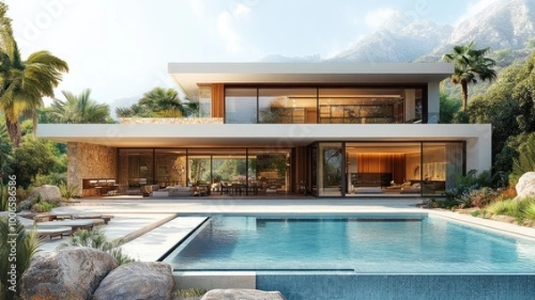 Obraz Modern villa with pool surrounded by nature and mountains.