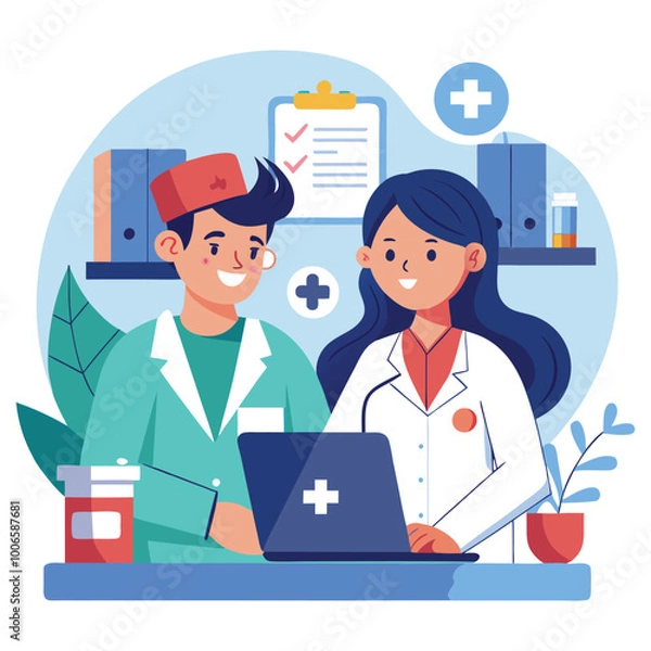 Obraz Doctor and Nurse Team Working Together in a Medical Clinic, Showing Collaboration and Care. Vector art Illustraion 
