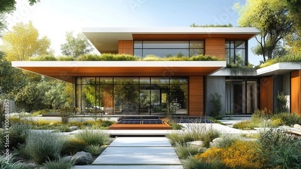 Obraz Modern house with lush landscaping and a tranquil pool area.