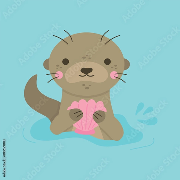 Fototapeta Cute otter holding seashell in paws vector illustration. Otter animal character peaking out of water, isolated on blue background.