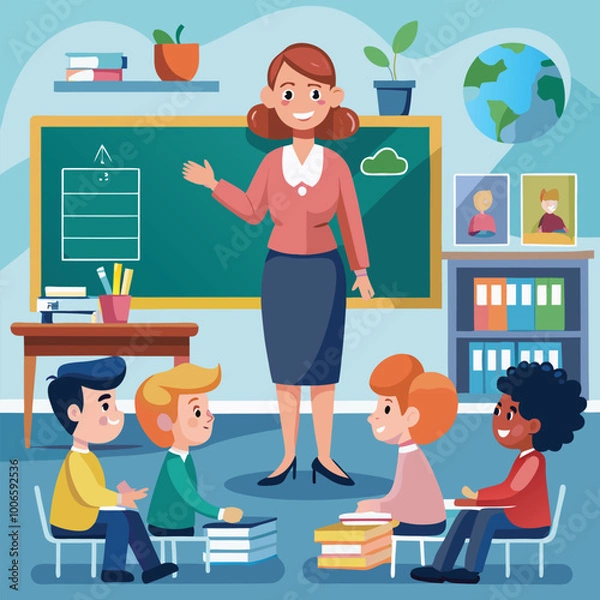 Obraz A Teacher Standing in Front of a Chalkboard, Teaching Students in a Lively Classroom Setting Vector art Illustraion 