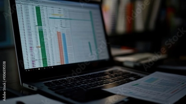 Obraz Businessman analyzing financial data on laptop with spreadsheet on screen