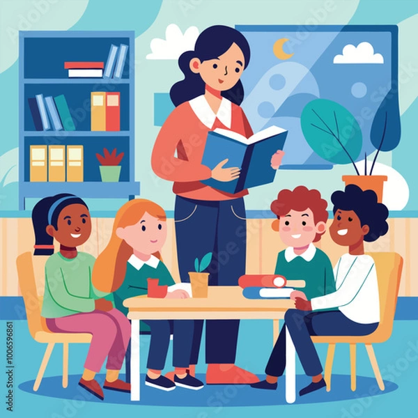 Obraz A Teacher Holding a Book, Explaining a Lesson to a Group of Attentive Students Seated at Desks. Vector art Illustraion 