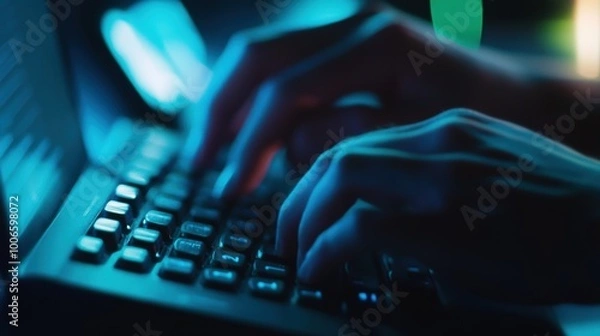 Fototapeta Programmer writing code on laptop keyboard in blue light