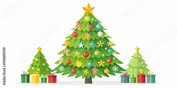 Fototapeta Eco-Friendly Flat Santa's Green Christmas Tree Illustration: Vibrant Cartoon Style Seamless Background Design for Sustainable Holiday Themes with Space for Text
