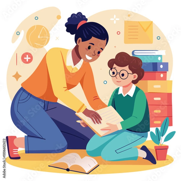Obraz A Teacher Kneeling Next to a Student, Helping Them Solve a Math Problem on Their Workbook. Vector art Illustraion 