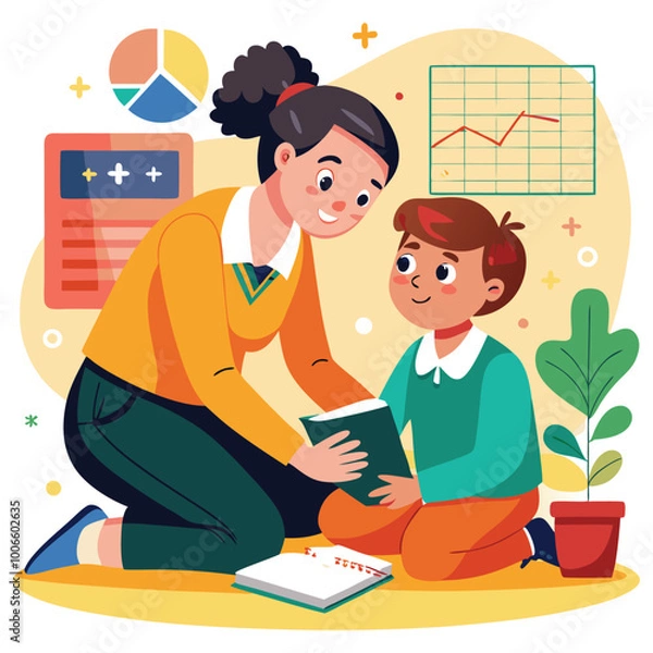 Obraz A Teacher Kneeling Next to a Student, Helping Them Solve a Math Problem on Their Workbook. Vector art Illustraion 
