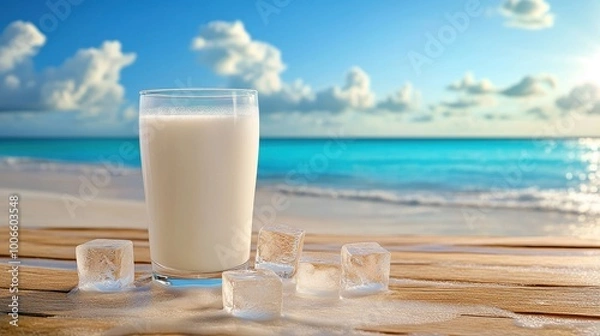 Fototapeta A glass of milk with ice cubes in a summer beach setting,refreshing drink