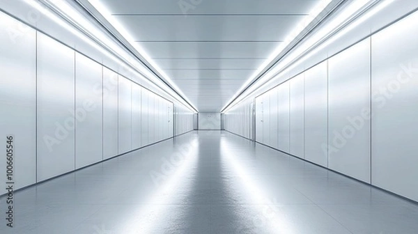 Obraz A long, empty hallway with white walls and a white ceiling, illuminated by bright white lights.