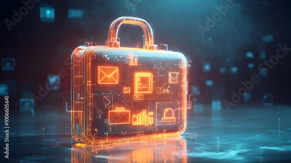 Fototapeta 3D Glowing Briefcase Icon on Plain White Background with Business Process Symbols - Leadership Responsibility Concept for Advertising