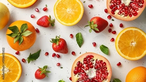 Fototapeta Colorful background with various fruits and vegetables, pomegranate slices, oranges cut in half, strawberries scattered on the table, white concrete textured surface,
