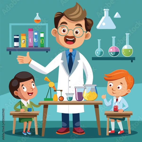 Obraz A Science Teacher Wearing a Lab Coat, Demonstrating a Chemistry Experiment to Students, With Lab Equipment on a Table. Vector art Illustraion 