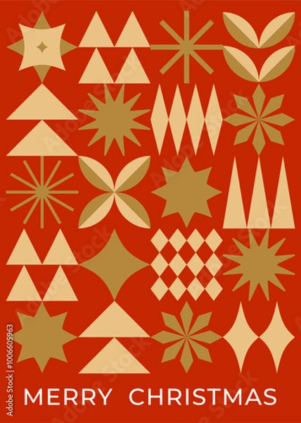 Fototapeta Christmas greeting card with red and golden geometric elements. Flat style. Template for winter holidays design. Vector illustration