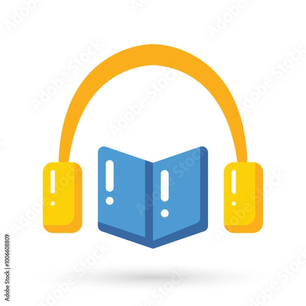 Obraz Book with headphones or headset icon logo. Concept for online audiobook, radio, listening to podcasts, online learning, e-books in audio format.
