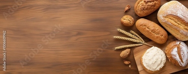 Fototapeta Assortment of fresh bread on rustic wooden table with wheat stalks and nuts.