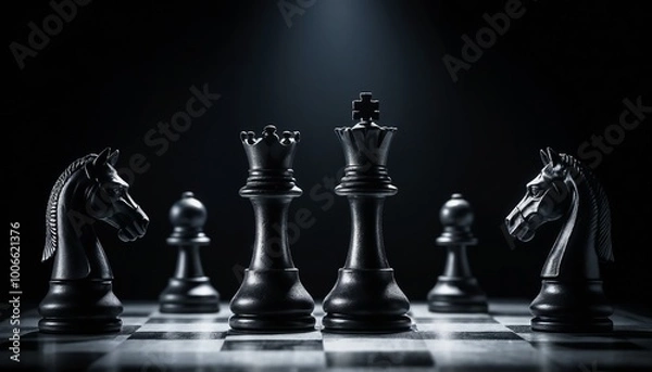 Fototapeta Focused chess knight poised for a fork move against the king and rook, with dramatic spotlight highlighting the strategic moment in a dark backdrop