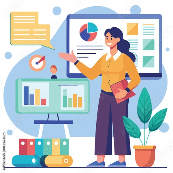 Obraz Vector of a Teacher Giving a Presentation in Front of a Projector, Pointing at Slides With Educational Content. Vector art Illustraion 