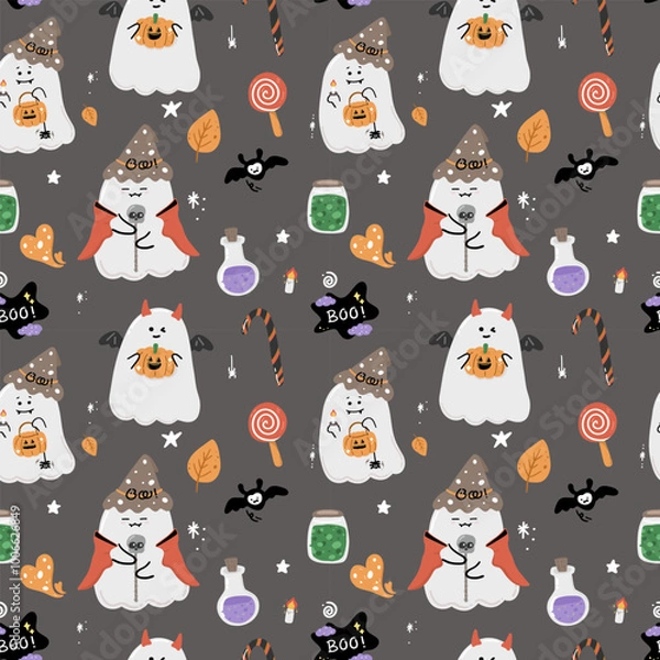 Fototapeta Cute Ghost Happy Halloween Seamless Pattern background