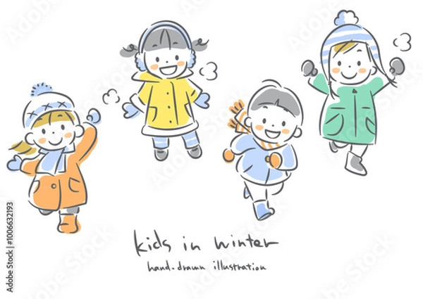 Obraz 楽しく遊ぶ冬の子供たち　やわらかくてカワイイ手描きイラスト