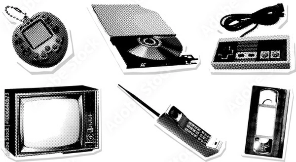 Fototapeta Retro halftone vector set featuring vintage electronics from the 90s including tamagotchi, cd player, nes controller, vhs, tv, and retro mobile phone for nostalgic and retro design themes