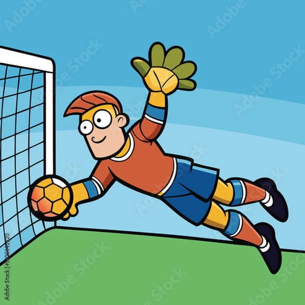 Obraz Vector of a Goalkeeper Diving to Catch a Football, With the Goalpost and Net in the Background. Vector art Illustraion 
