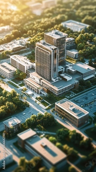 Fototapeta Aerial view of a modern corporate building surrounded by greenery and parking spaces, highlighting urban development and architecture.