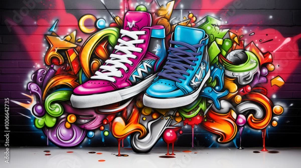 Fototapeta Multicolored graffiti style sneakers on the background of the wall