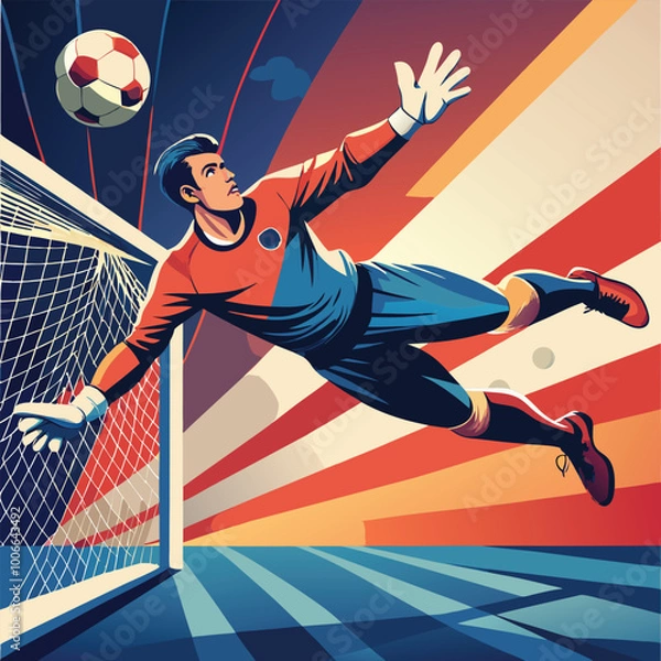 Obraz Vector of a Goalkeeper Diving to Catch a Football, With the Goalpost and Net in the Background. Vector art Illustraion 
