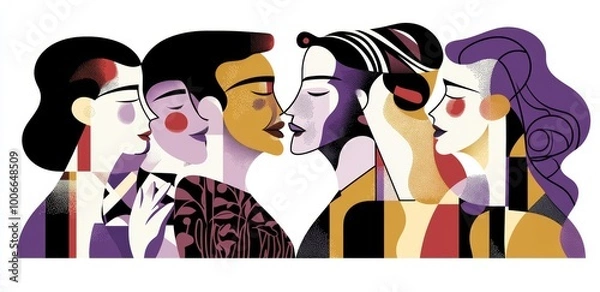 Fototapeta An abstract art graphic illustration featuring ten different people. A large group of people sketching graffiti.