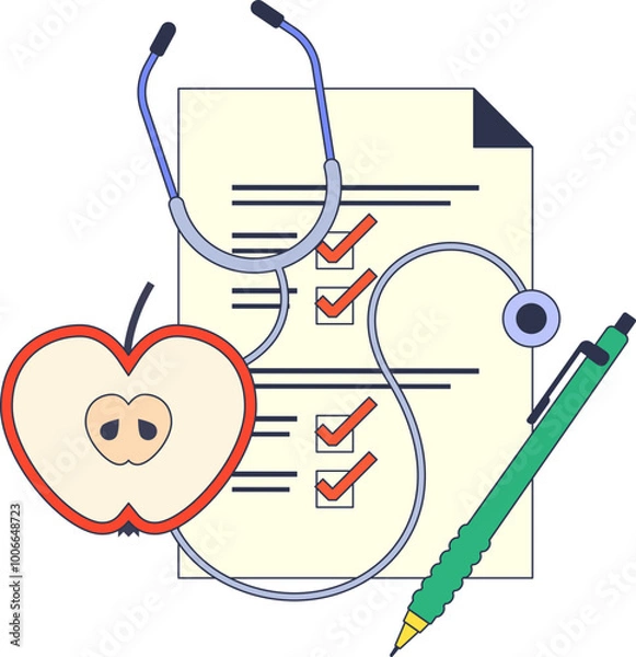 Fototapeta A clipboard with a checklist, a pen, a stethoscope, and an apple, symbolizing health, wellness, and medical checkups.