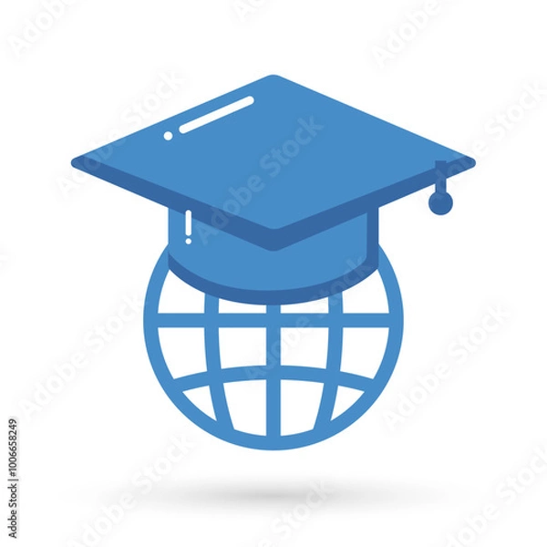 Obraz Globe with toga cap for education icon symbol. Concept for online audiobook , radio, listening to podcasts, online learning, e-books in audio format, graduation, ceremony.