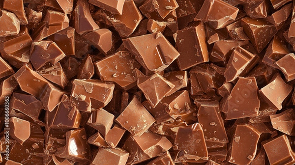 Fototapeta a close-up, top-down view of diced milk chocolate with nuts spread across the entire frame, filling the image with its creamy brown color and crunchy texture in irregular pieces