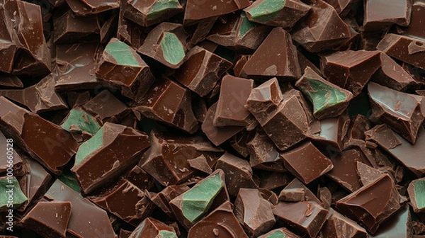 Fototapeta a close-up, top-down view of diced mint chocolate pieces spread across the entire frame, filling the image with its bright greenish-brown color and smooth texture in irregular pieces