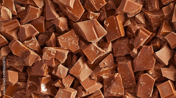 Fototapeta a close-up, top-down view of diced milk chocolate with nuts spread across the entire frame, filling the image with its creamy brown color and crunchy texture in irregular pieces