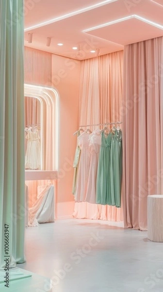 Fototapeta Elegant boutique interior featuring soft pastel colors and stylish dresses arranged in a modern retail environment.