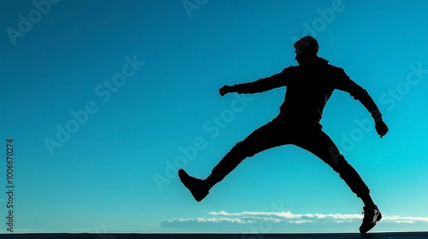 Fototapeta 青い空を背景に大股で歩く男性のシルエット画像