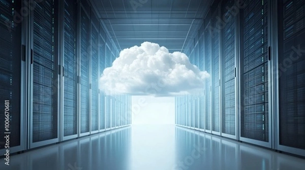 Fototapeta A digital cloud appears prominently in the middle of a modern server room, symbolizing cloud computing technology.