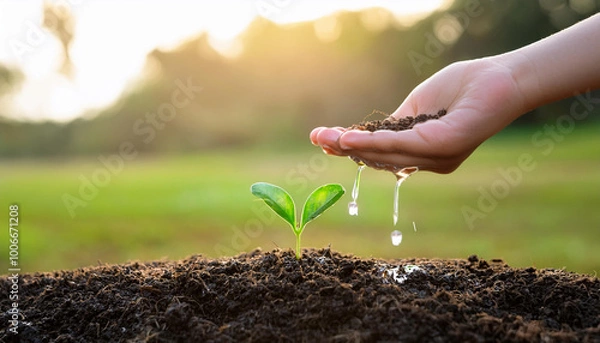 Obraz 自然が多い公園で小さな植物の新芽に子供が水と土を掛ける手