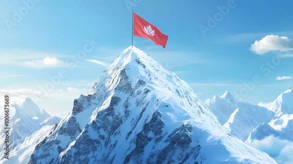 Fototapeta Flag on snowy mountain peak symbolizing business success. Mountain Peak. Illustration