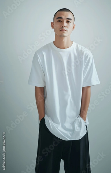 Obraz 坊主の日本人男性モデルが白いシャツを着て、ポケットに手を入れてポーズを取る縦長画像