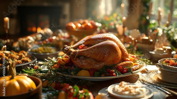 Obraz Turkey dishes are abundantly placed on the table on Thanksgiving Day,