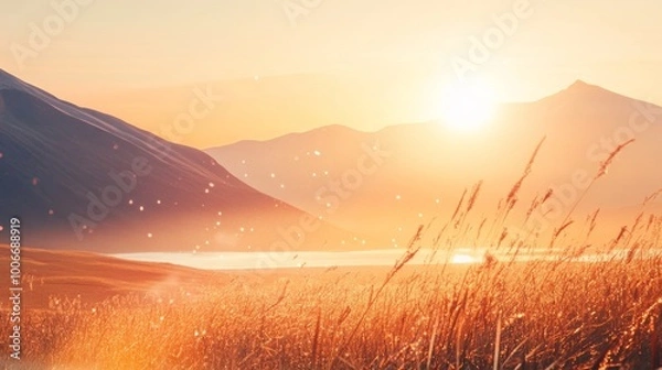 Fototapeta A beautiful sunrise over a serene landscape, symbolizing a fresh start. The image could feature soft, warm colors with light breaking over mountains or a peaceful beach
