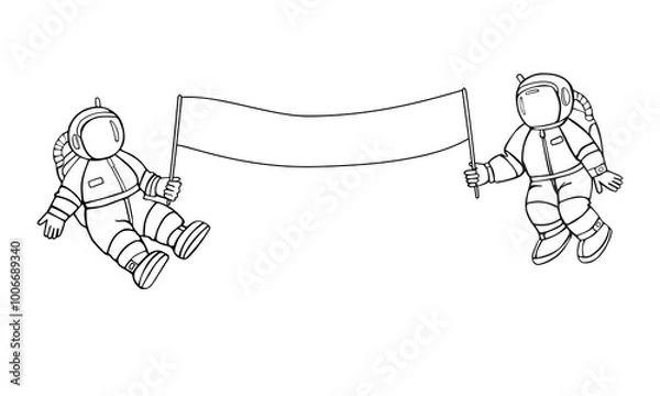 Fototapeta Two cute astronauts are holding a banner on which you can place any of your text. Hand drawn linear drawing isolated on white background.