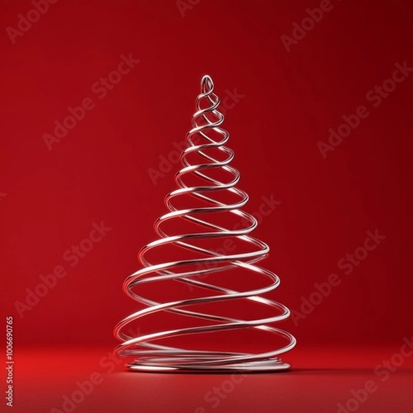 Obraz Christmas tree sculpture made of shiny metal tubes. Minimalism and simplicity with soothing red background.